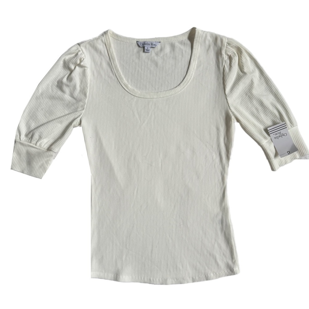 NWT OPHELIA ROSE WHITE PUFF SHOULDER SHORT SLEEVE RIBBED TOP SIZE SMALL